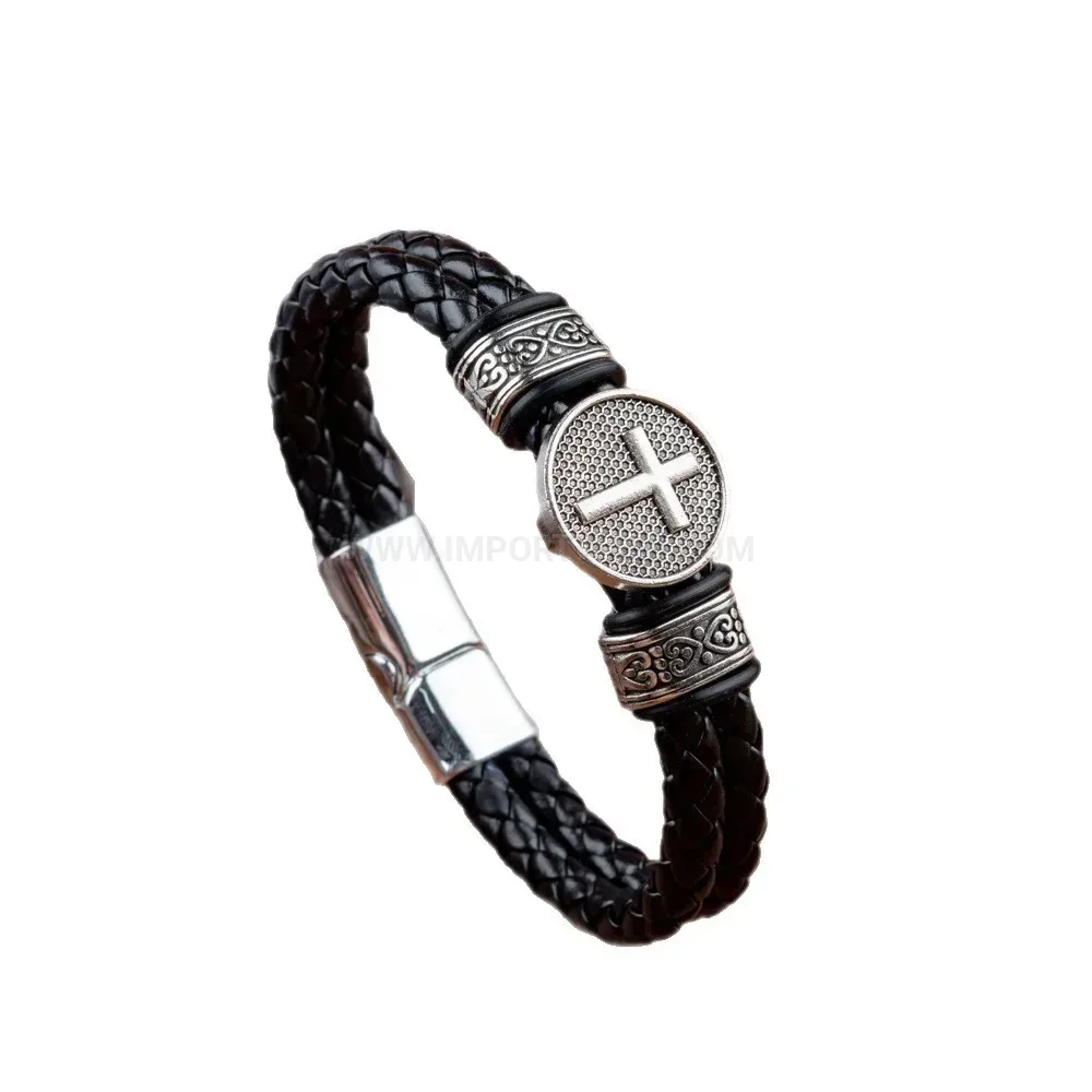 Bold Vintage Woven PU Leather Cross Charm Bracelet With Magnetic Clasp