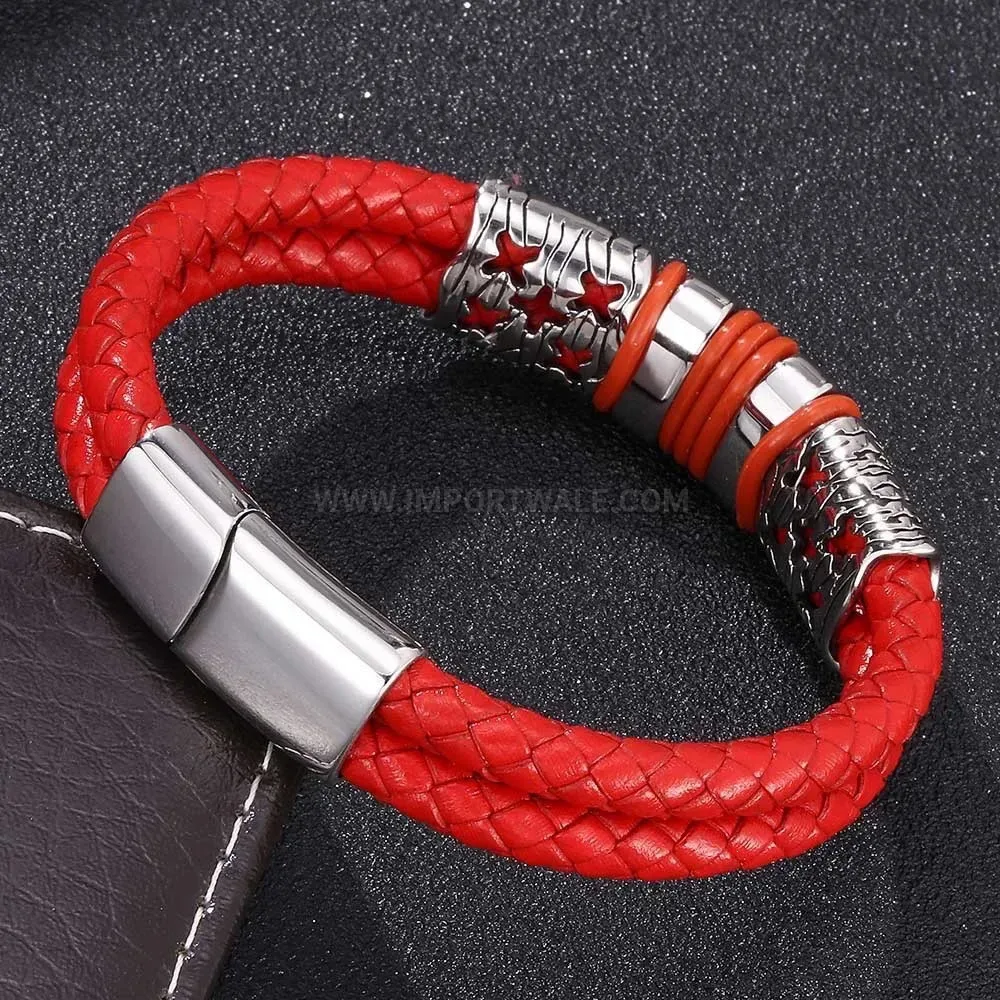 Dual Cord Leather Wristband with Stainless Steel Star Clasp