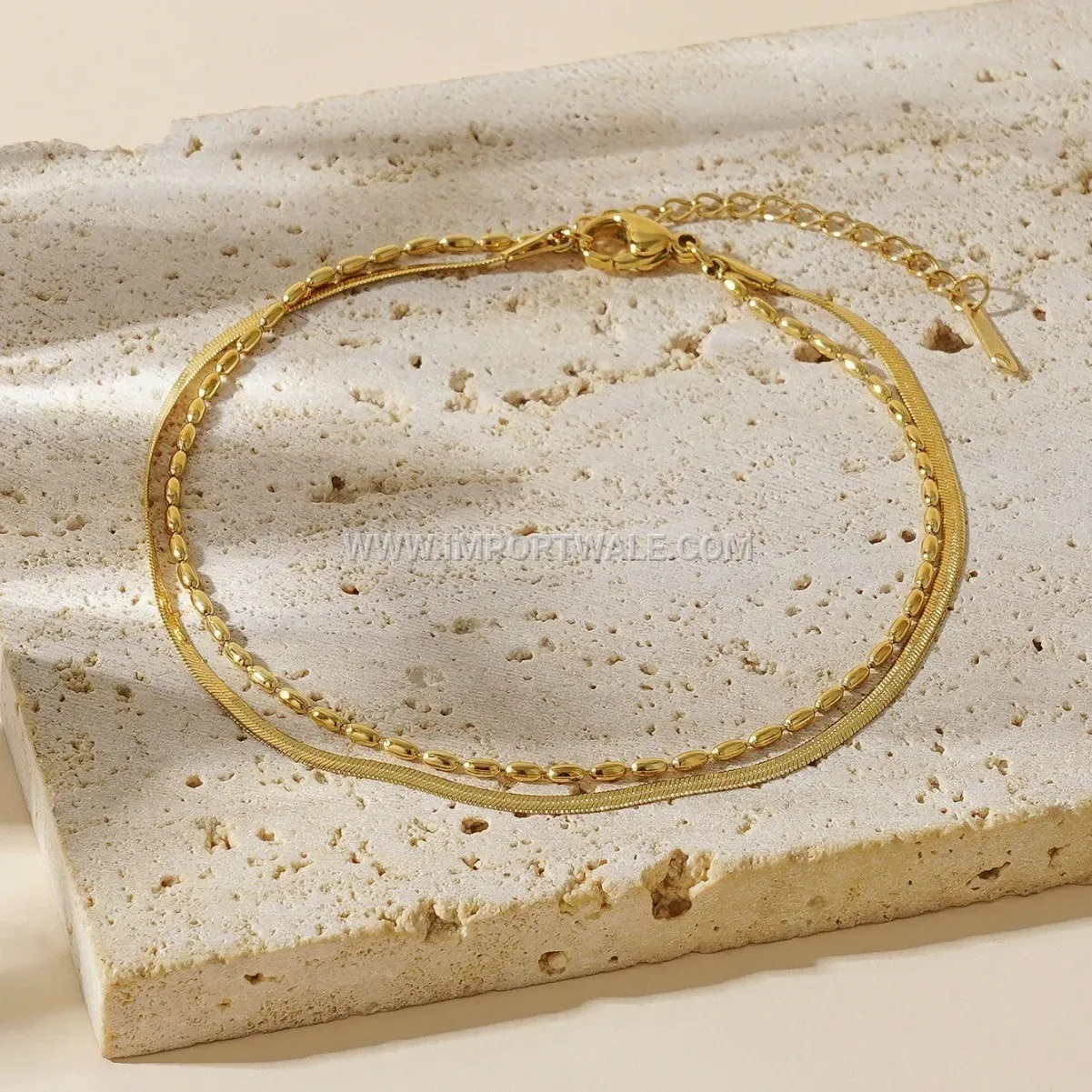 Layered Gold Titanium Steel Flat Snake and Bead Anklet