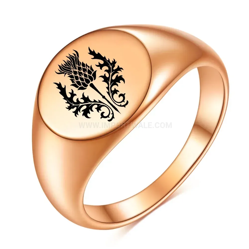 Designer Laser Engraved Milk Thistle Flower Round Stainless Steel Ring