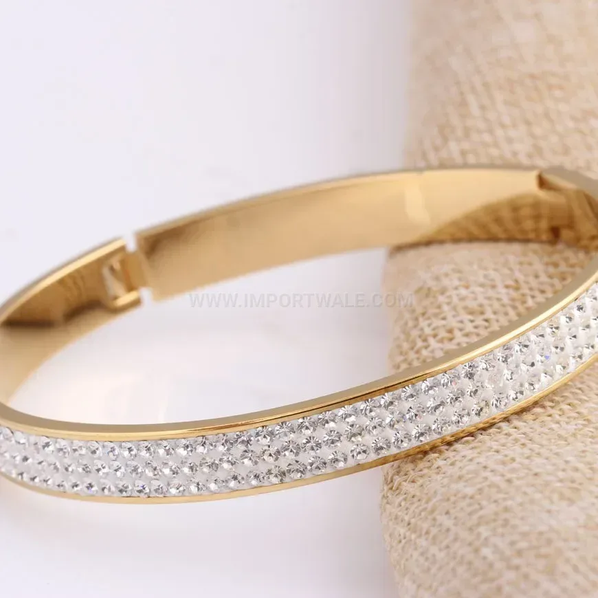Premium Gold Stainless Steel Three Row Rhinestone Open Cuff Bangle