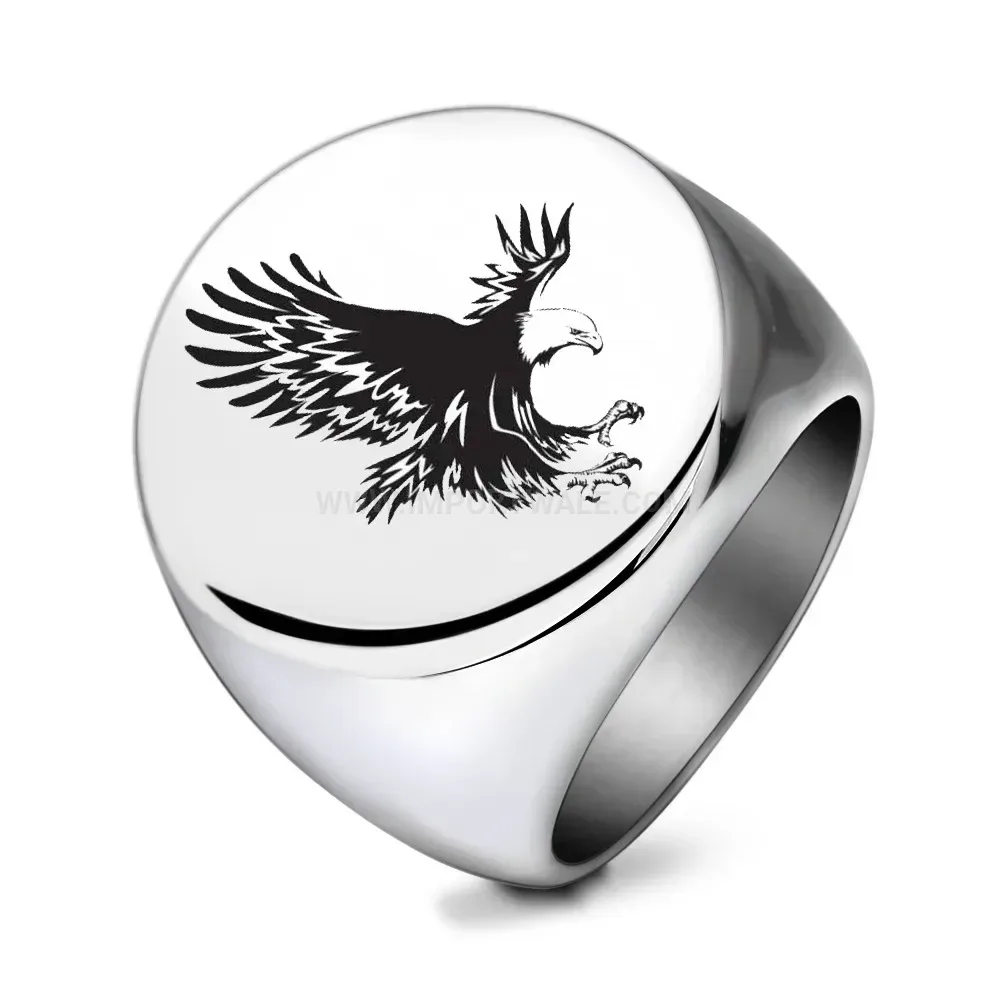 Classic Vintage Eagle Motif Engraved Stainless Steel Signet Ring