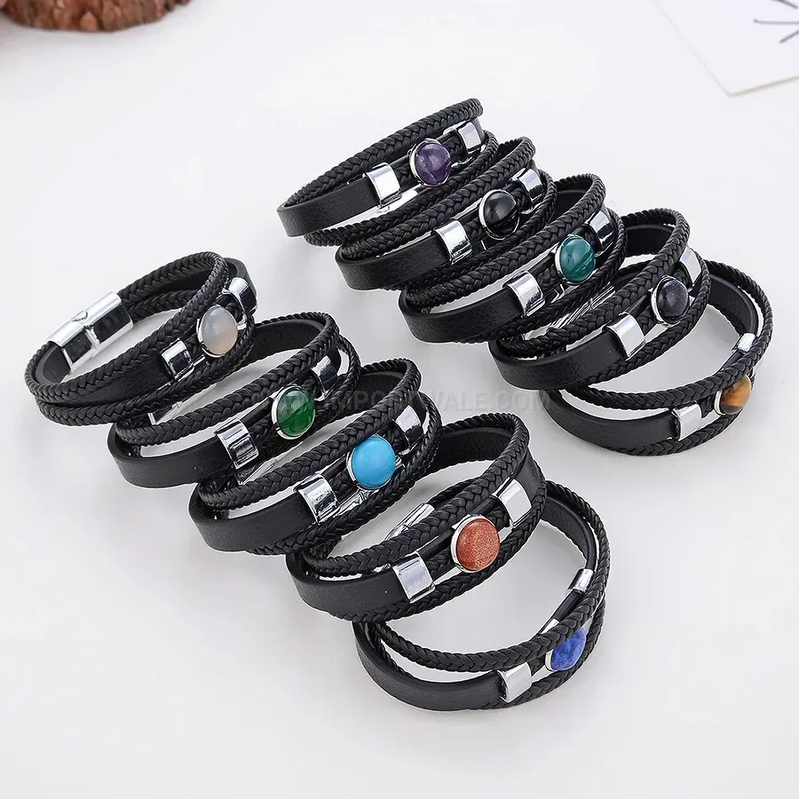 Multi-Strand Woven Leather Wristband with Stone Details and Stainless Clasp