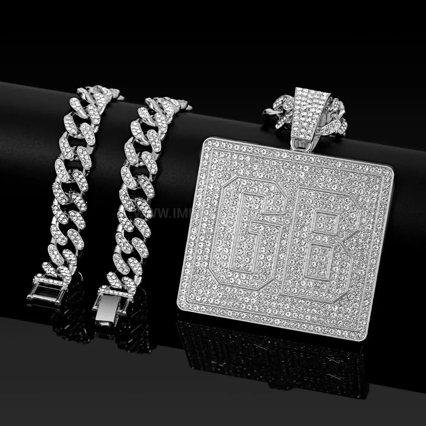 Premium Oversized Square Plaque Rhinestone GB Letter Pendant Necklace