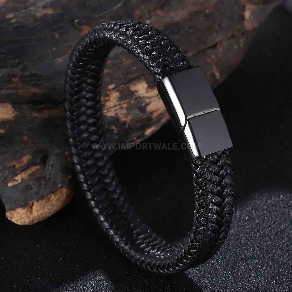 Black Woven Microfiber Leather Stainless Steel Bracelet