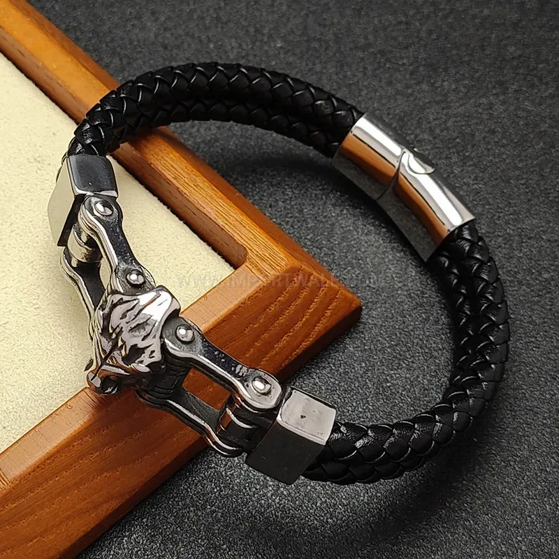 Fashion Sculpted Lion Head Dual-Tone Leather Steel Bracelet