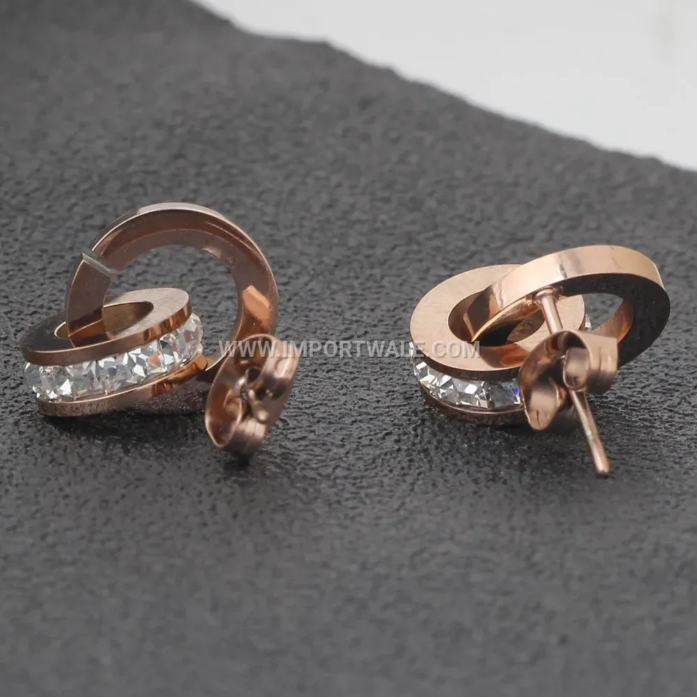 Rose Gold Stainless Steel Roman Numeral Crystal Disc Earrings