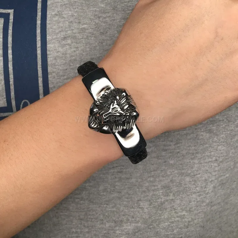 Bold Lion Head Black Leather Bracelet with Stainless Steel Details