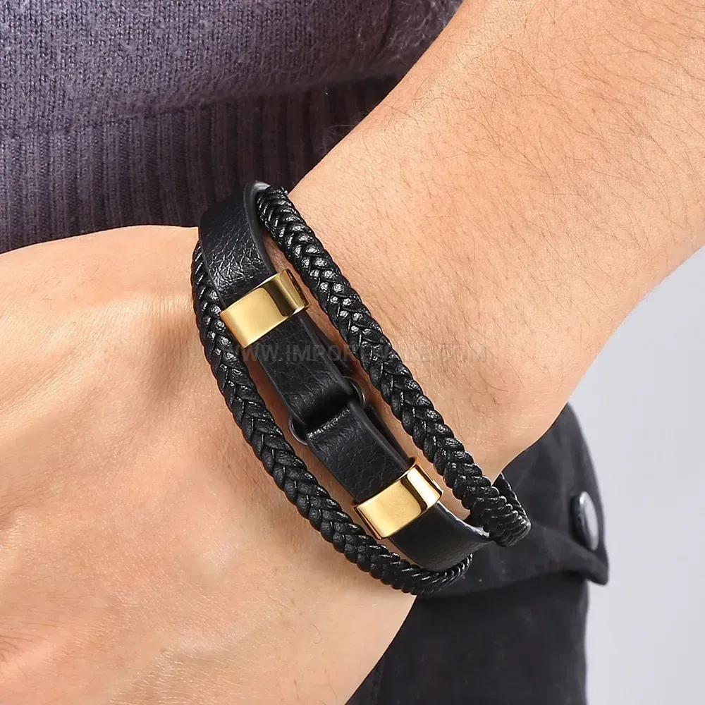 Layered Black Leather Bracelet with Gold and Black Steel Clasp