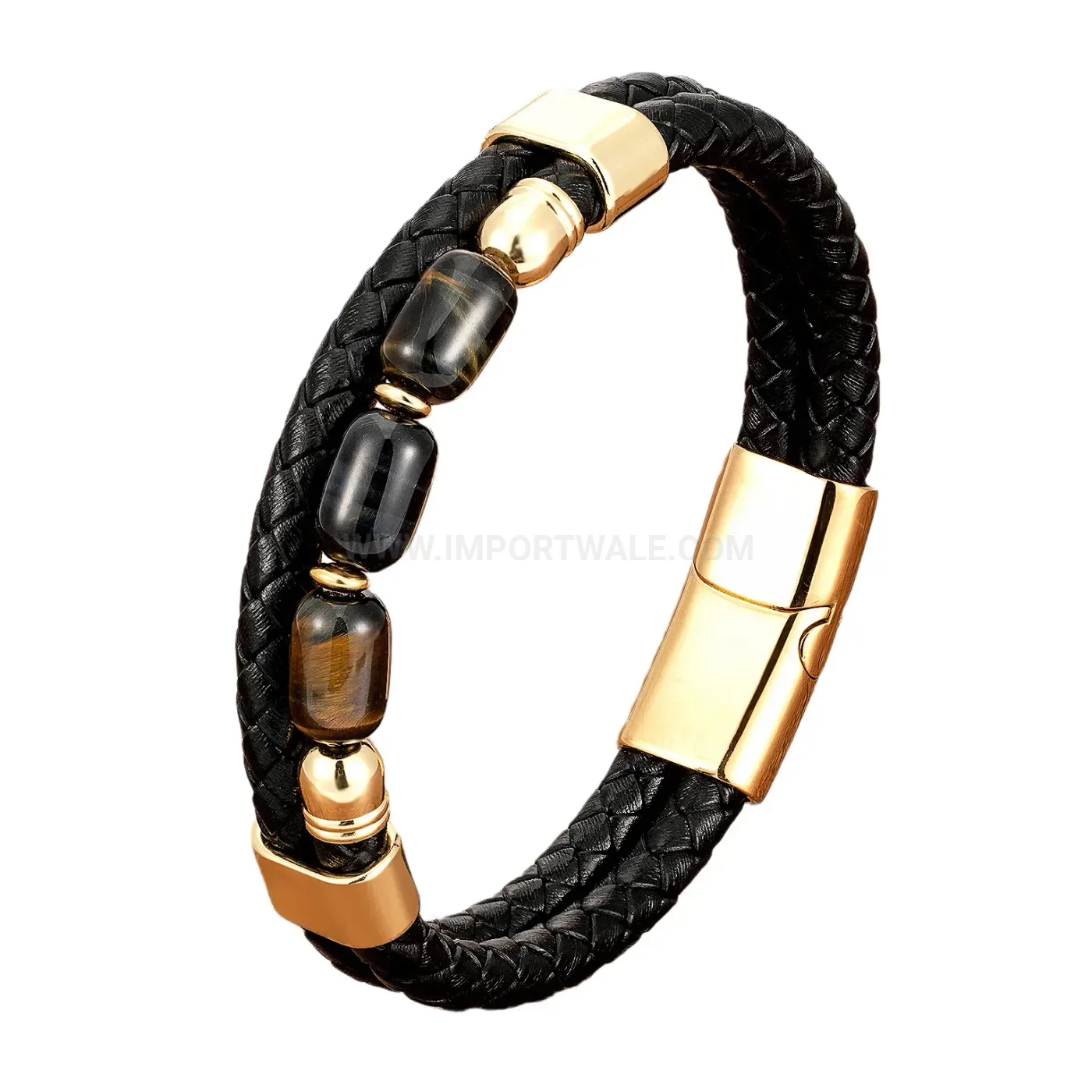 Braided Leather Tiger Eye Natural Stone Wristband Stainless Steel Clasp