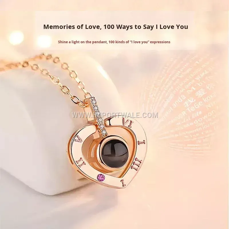 Romantic Heart Crystal Projection Pendant Stainless Steel Link Chain Necklace