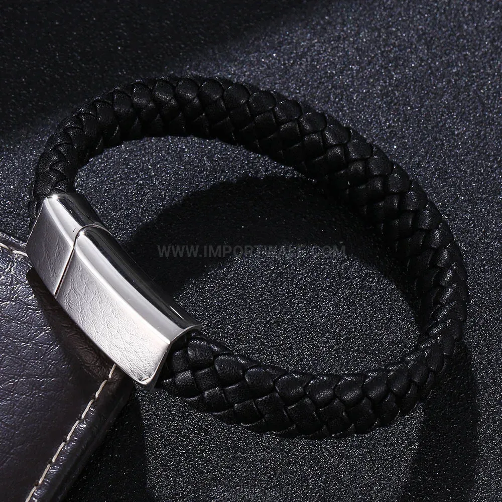 Mirror Finished Stainless Steel Woven Leather Cuff