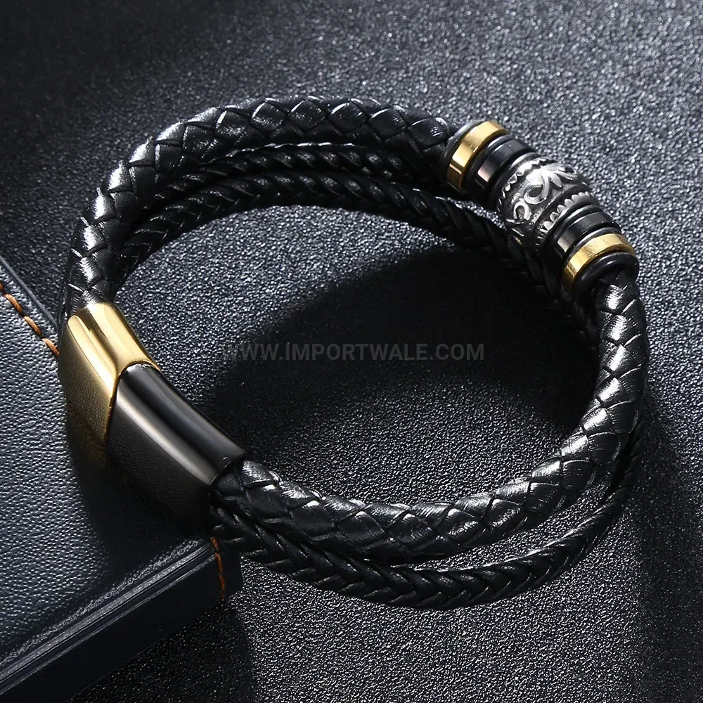 Multi-Strand Woven Leather and Stainless Steel Charm Bracelet