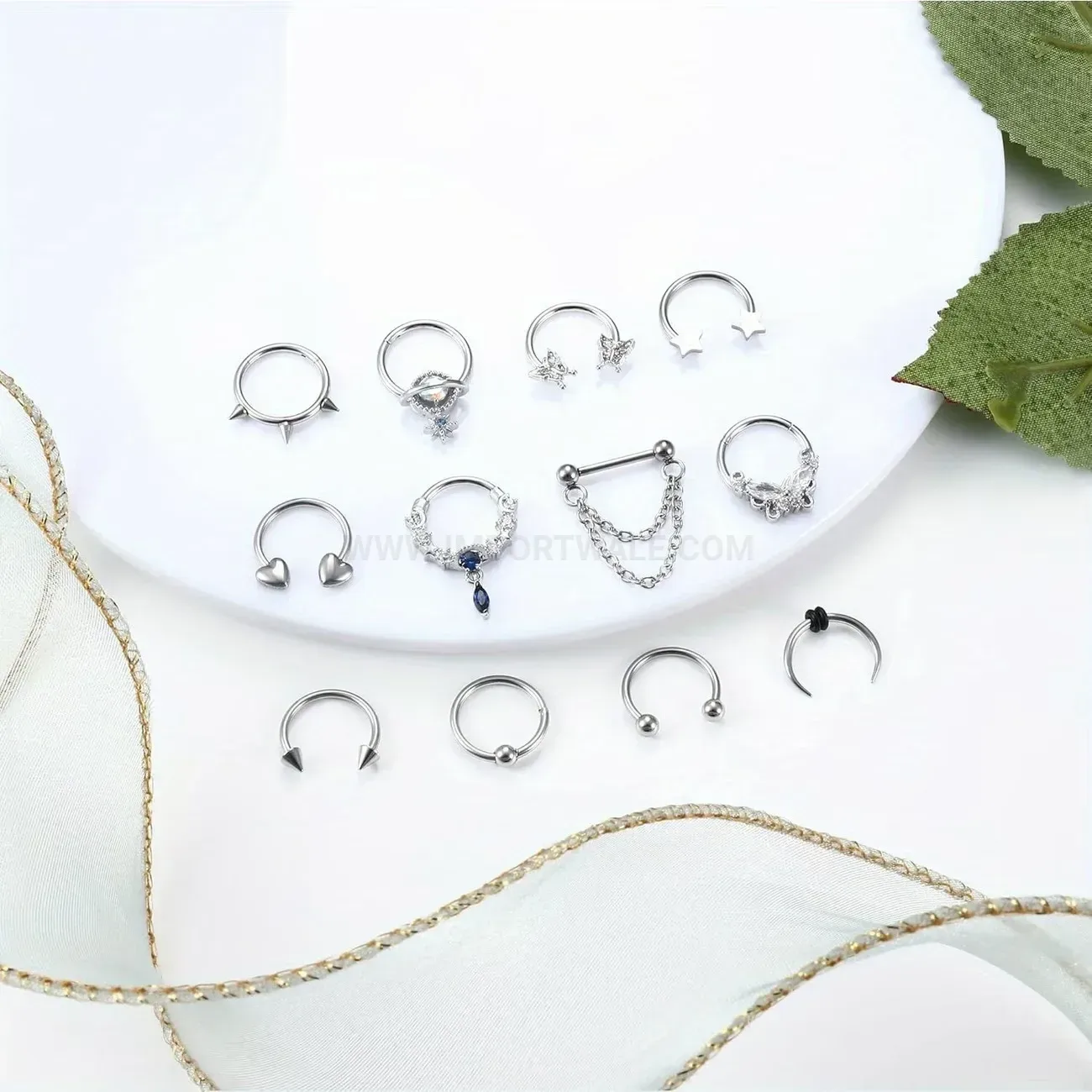 Bold Stainless Steel Rhinestone Butterfly Spiked Piercing Nose Ring Set