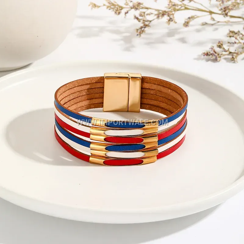 Tricolor Geometric PU Leather Wave Charm Bracelet