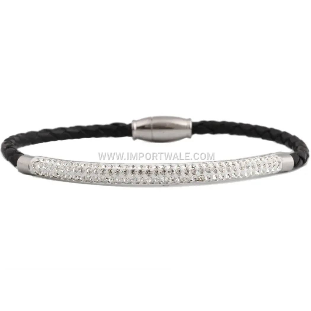Braided Leather Double Row Crystal Magnetic Bracelet