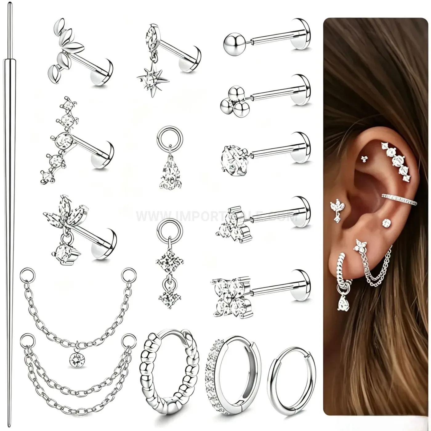 Elegant Flat Back Gemmed Stainless Steel Body Piercing Set