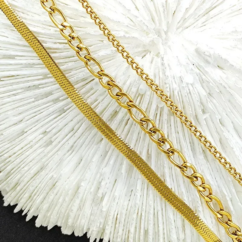 Modern Triple Layer Gold Titanium Steel Figaro Chain Necklace