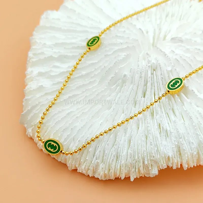 Gold Plated Titanium Steel Green Enamel Letter C Ball Chain Necklace
