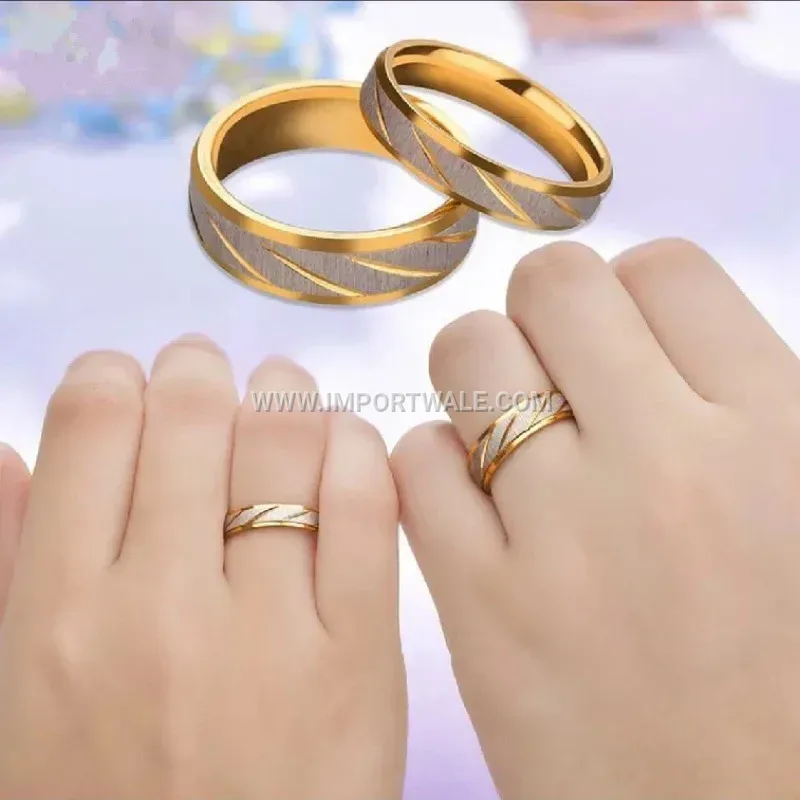 Gold-Plated Beveled Textured Stainless Steel Couple Ring