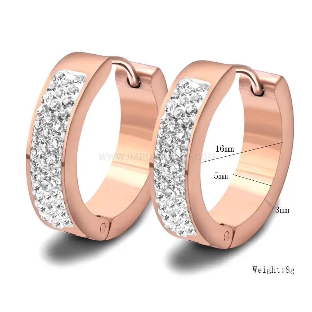 Premium Three Row Rhinestone Stainless Steel Hoop Earrings