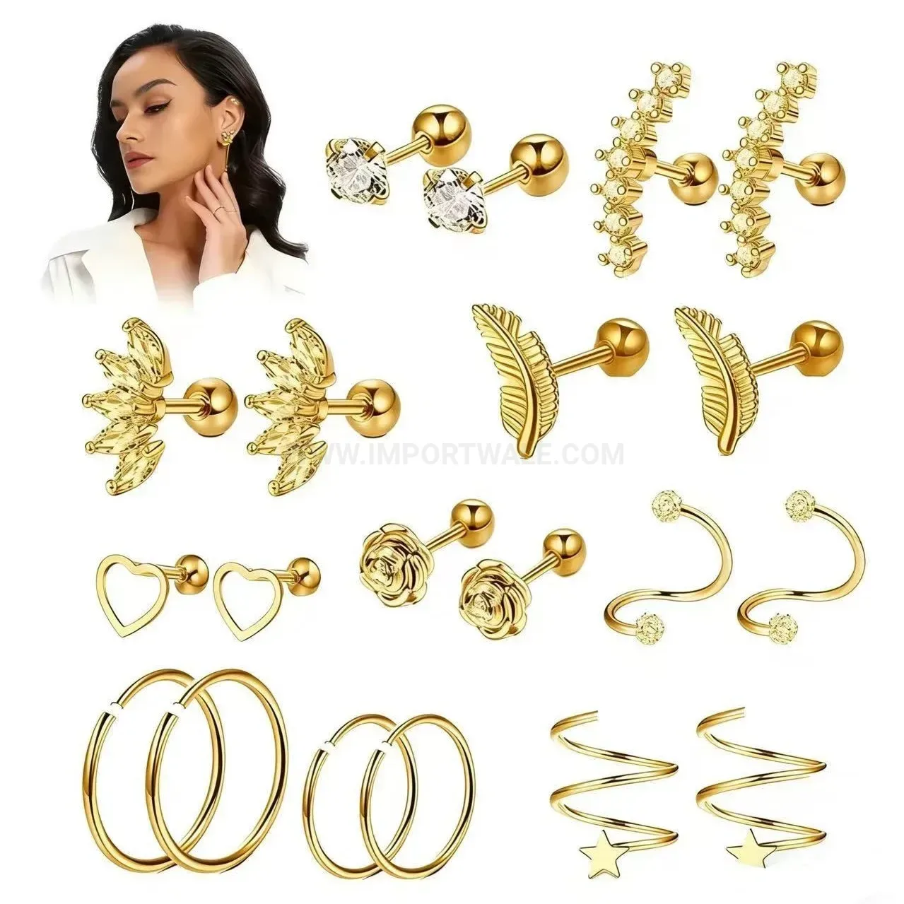 Stylish Gold Plated Brass Green Zirconia Studs with Stainless Steel Pin