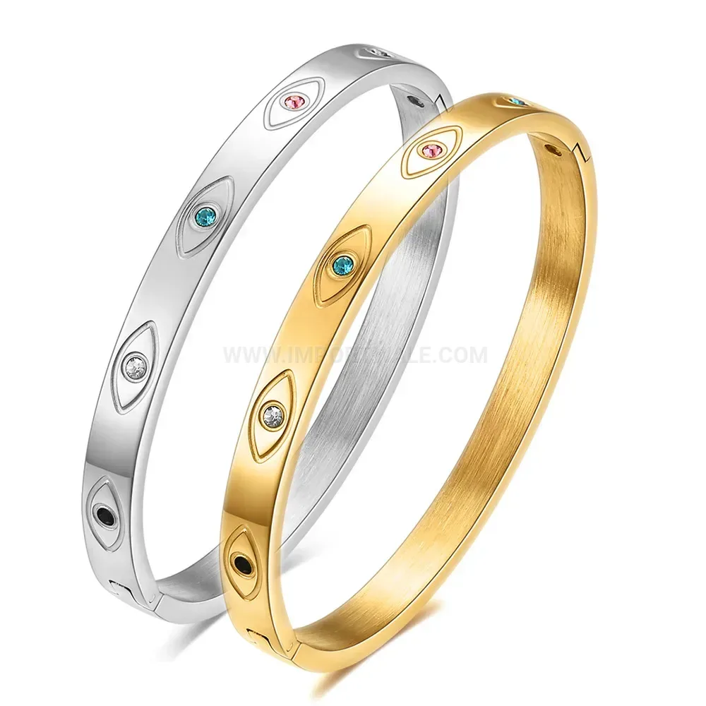Modern Stainless Steel Evil Eye Cubic Zirconia Bangle Bracelet