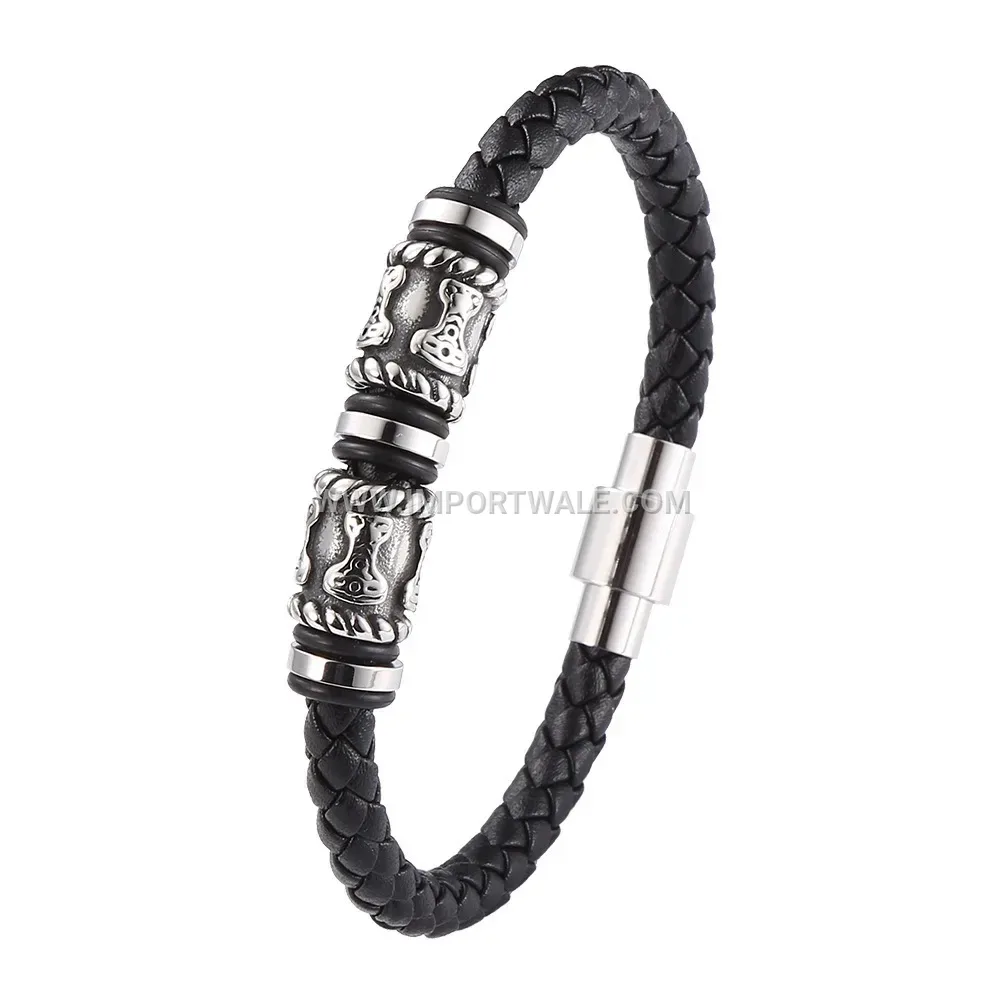 Handmade Leather and Stainless Steel Beaded Men Bracelet