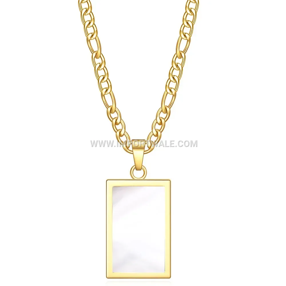 Rectangular Shell and Agate Stainless Steel Pendant Necklace