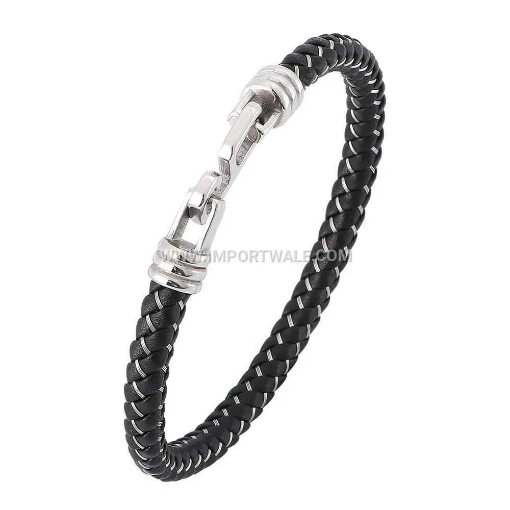Braided Leather and Wire Accent Stainless Steel Cuff