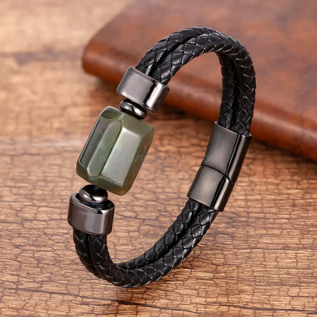 Natural Stone Braided Leather Cord Bracelet With Stainless Steel Magnetic Clasp