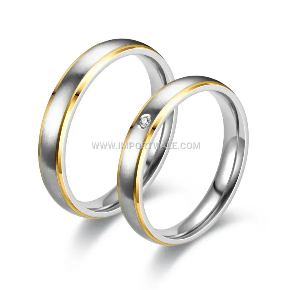 Two-Tone Zircon Stainless Steel Beveled Band Ring