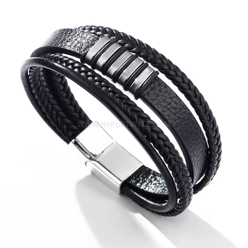 Bold Braided Leather Wristband with Alloy Magnetic Clasp