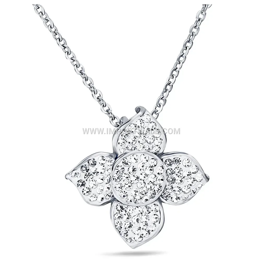 Rhinestone Floral Motif Stainless Steel Minimalist Pendant Necklace
