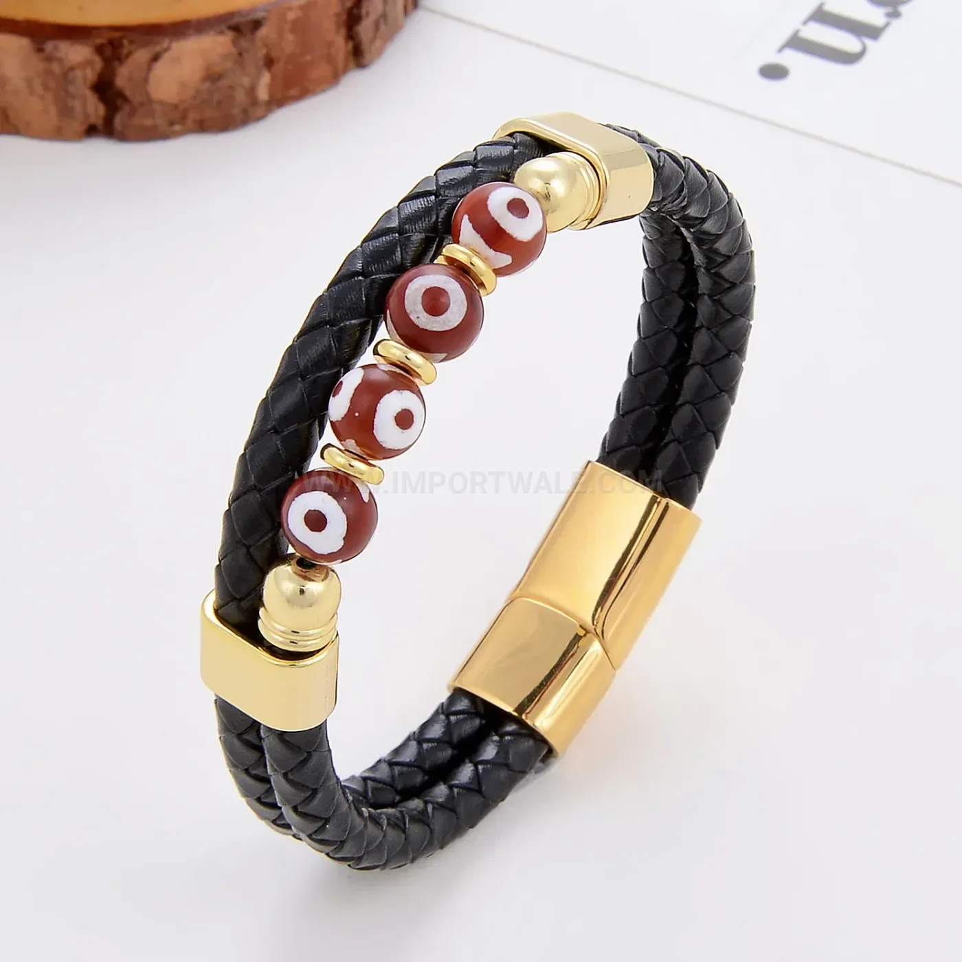 Handcrafted Braided Leather Wristband with Stainless Steel Magnetic Closure