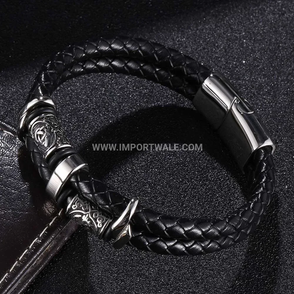 Handcrafted Beaded Leather Bracelet with Stainless Steel Accents