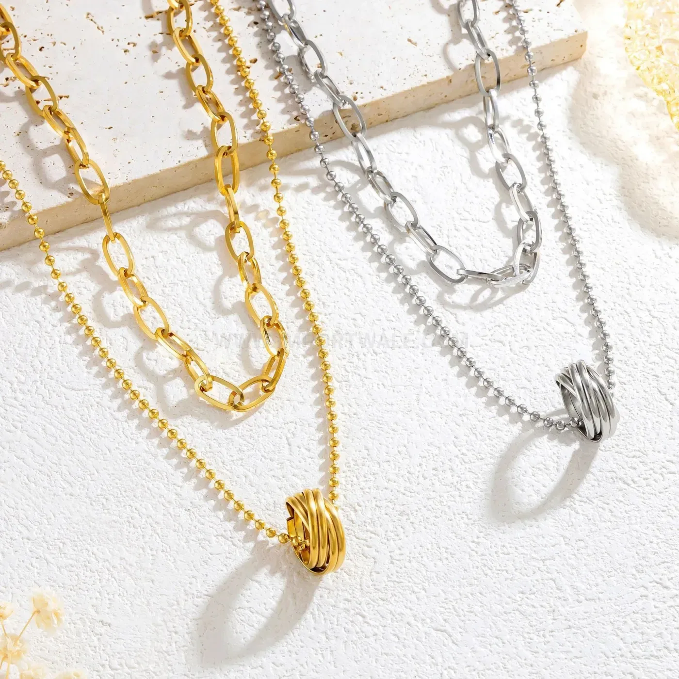 Fashion Double Strand Stainless Steel Circular Ring Pendant Necklace