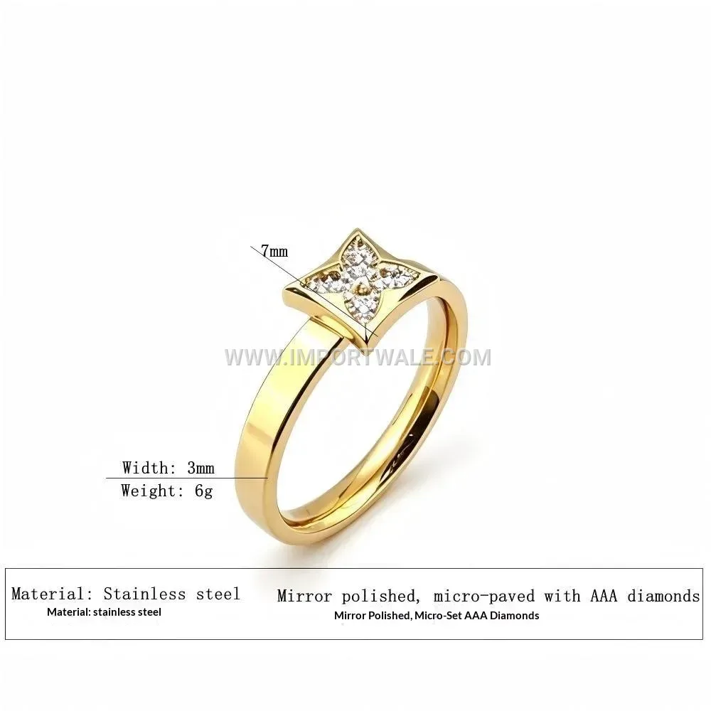 Hollow Four Leaf Clover Stainless Steel Zircon Ring