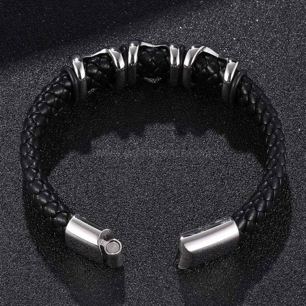 Men's Woven Leather Bracelet with Stainless Steel X Accent