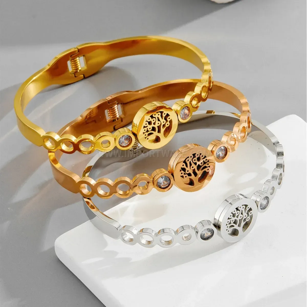 Full Crystal Tree of Life Stainless Steel Bangle