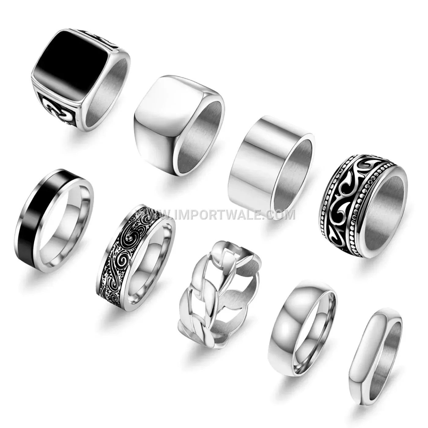 Hip Hop Silver Titanium Steel Signet Ring Set