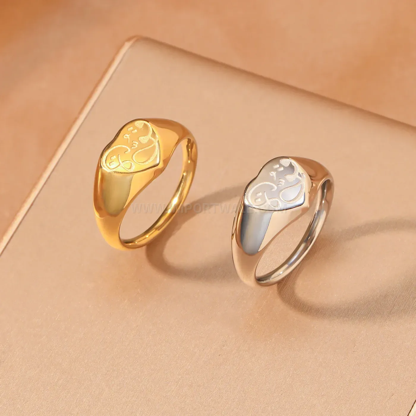 Gold Plated Stainless Steel Heart Arabic Calligraphy Signet Ring