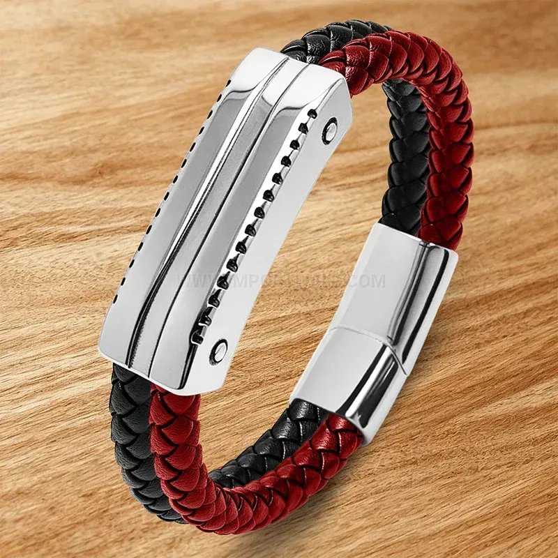 Fashion Men's Two-Tone Braided Leather Stainless Steel Punk Bracelet