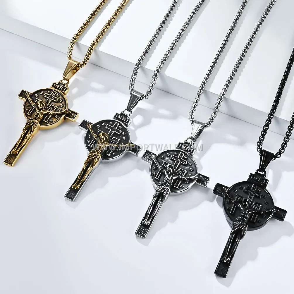 Vintage Portrait Cross Stainless Steel Pendant Necklace for Men