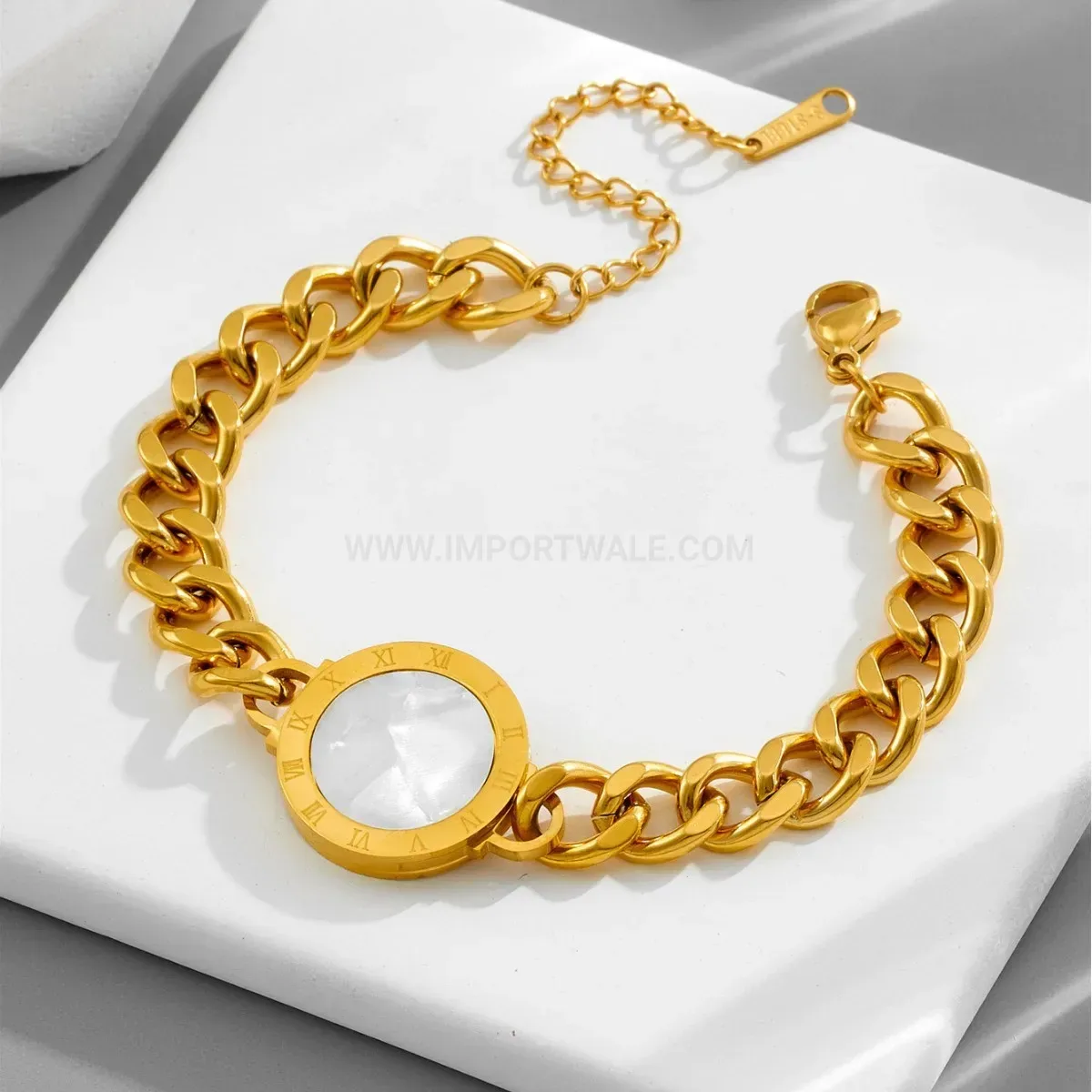 Bold Rhinestone Roman Numeral Titanium Steel Bangle Bracelet