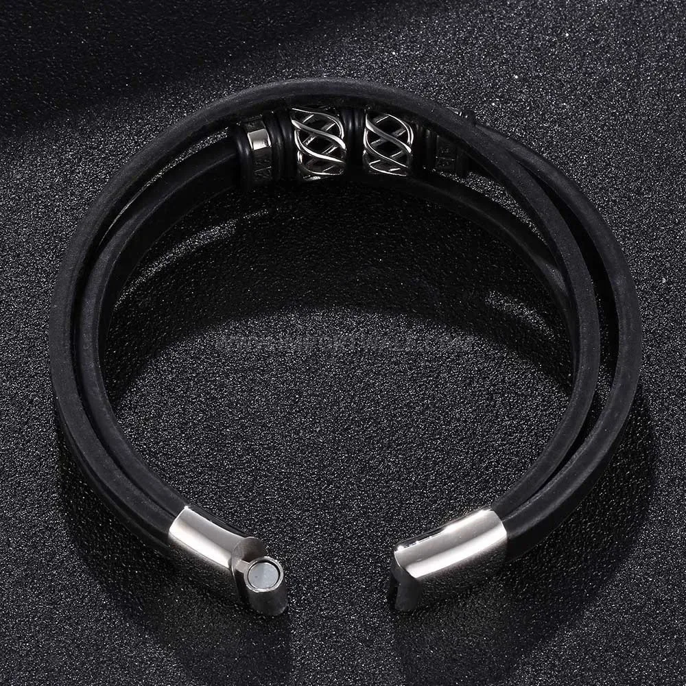Multi-Layer Woven Leather Stainless Steel Bangle Wristband for Men