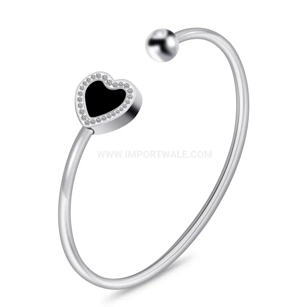 Classic Stainless Steel Rhinestone Heart Open Bangle Bracelet