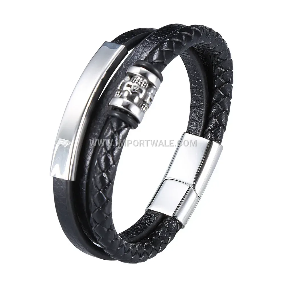 Multi Layer Braided Genuine Leather Wristband with Steel Clasp
