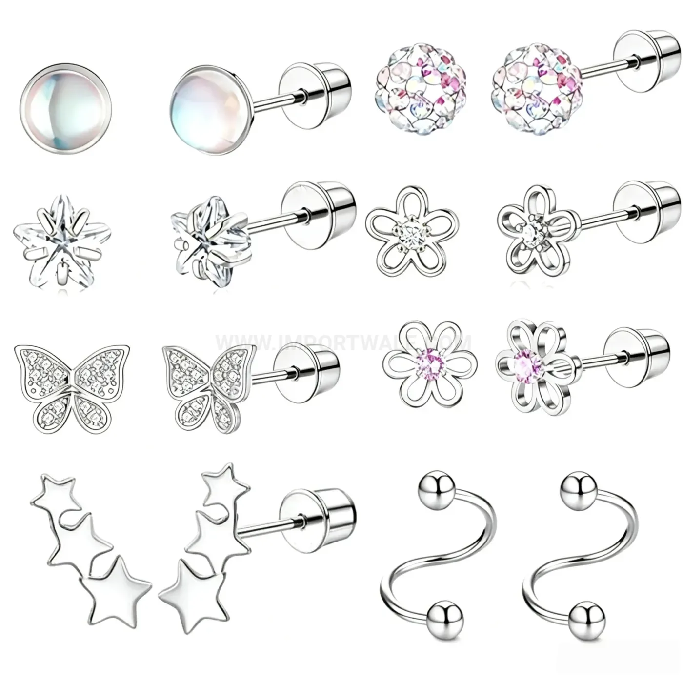 Chic Stainless Steel Floral Butterfly Star Rhinestone Piercing Stud Earring Set