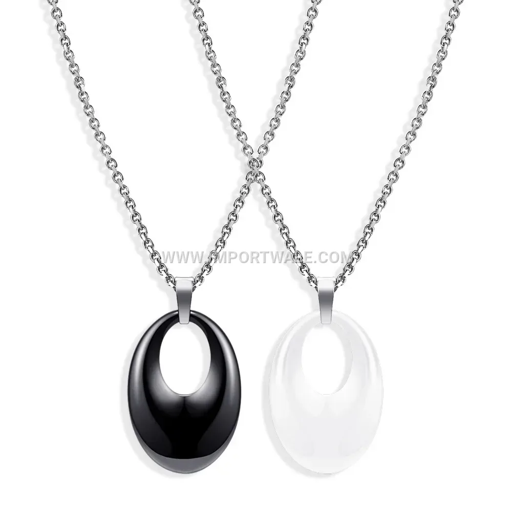 Geometric Oval Hollow Ceramic and Stainless Steel Pendant Necklace